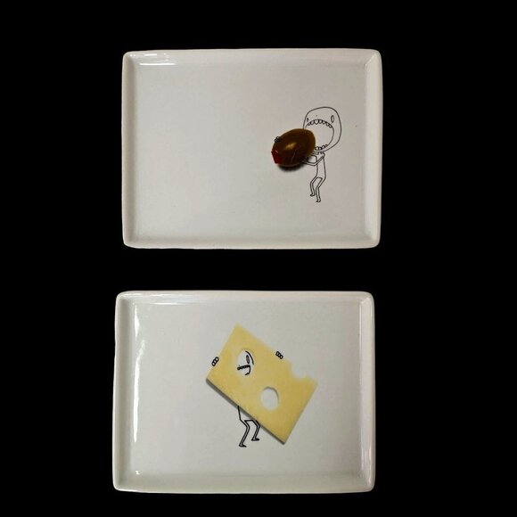 CB2 Crate Barrel Sushi Plates 2009 Olive 2011 Swiss Cheese Ceramic 6.5 x 5 Inch - Picture 1 of 7
